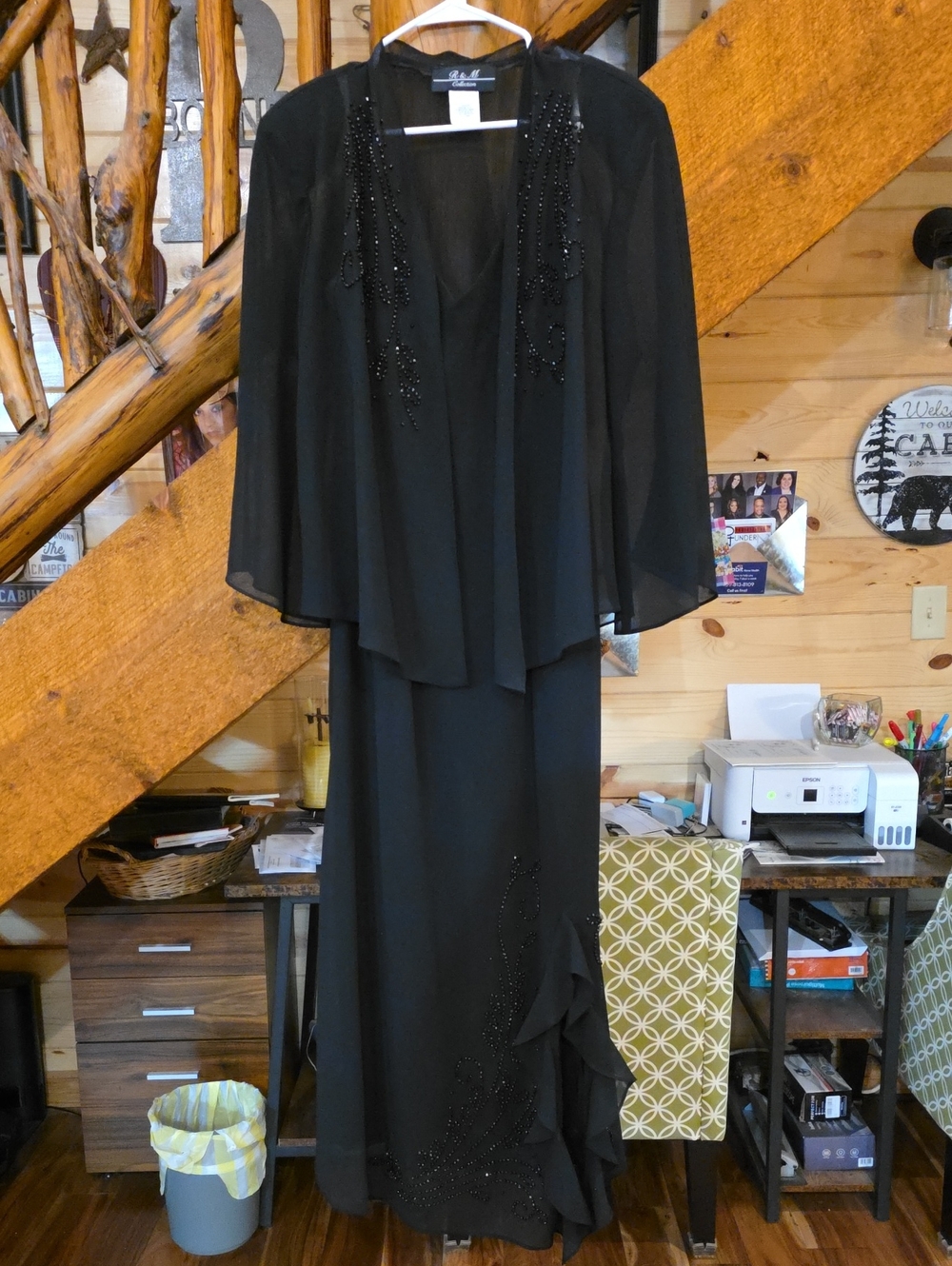 R & M Elegant Black Beaded Evening Dress with Cape